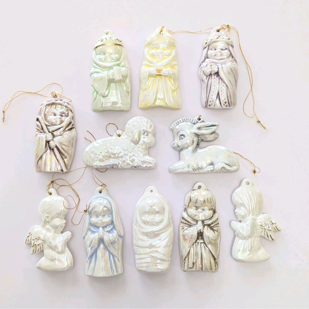 Vintage Alberta Mold Ceramic Nativity Set of 11 Christmas Ornaments Hand Painted